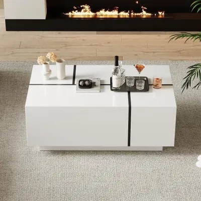 Obrázek produktu pro Moderní bílý konferenční stolek s lesklým povrchem – stolek k pohovce s 4 zásuvkami a černobílým designem, rozměry 100 x 60 x 40 cm – boční stolek s velkým úložným prostorem do obývacího pokoje