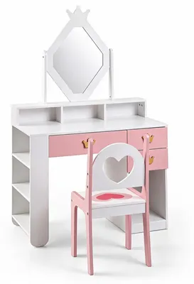 Produktbild von KOMFOTTEU Kinder Schminktisch mit Stuhl & rautenförmigem Spiegel