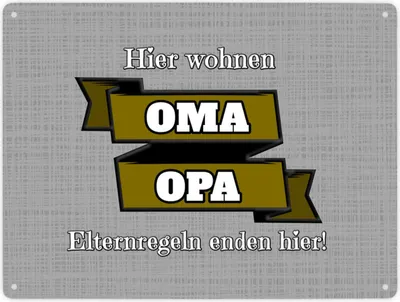 Produktbild von Metallschild XXL in 28x38 cm Hier wohnen Oma & Opa mit Stoffoptik in grau und
