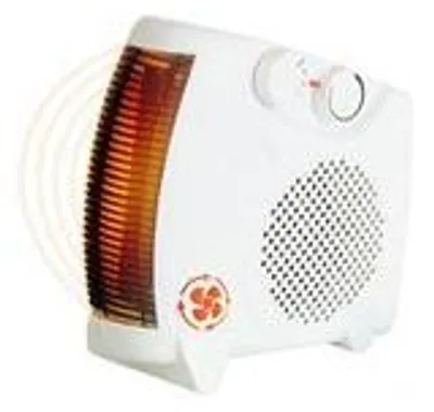 A white electric heater with a glowing heating element and a fan grille.