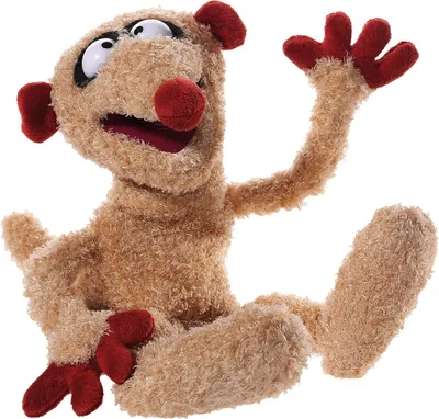A plush hand puppet of a meerkat-like creature with red ears, nose, and hands, waving its right arm.