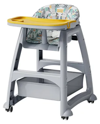Produktbild von Kinderhochstuhl mit 3 austauschbaren Speiseplatten 5 Punkt Gurte feststellbare Räder und abnehmbarem Tablett für 6 Monate bis 3 Jahre