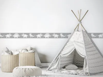 Produktbild von Waschbare Bordüre DINOSAURIER für die Wand im Kinderzimmer Grau