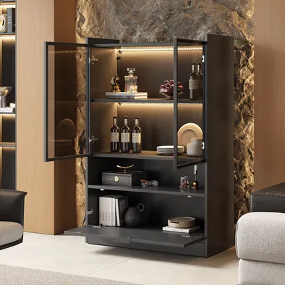 Produktbild von MODFU Moderne Vitrine mit 16-farbige LED-Beleuchtung Glasvitrine Wohnzimmerschrank mit Glastüren und Klapptür Standvitrine Für Wohnzimmer,Schwarz