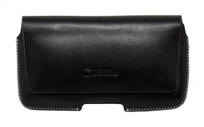 A black leather phone pouch with a flap closure and stitching detail.