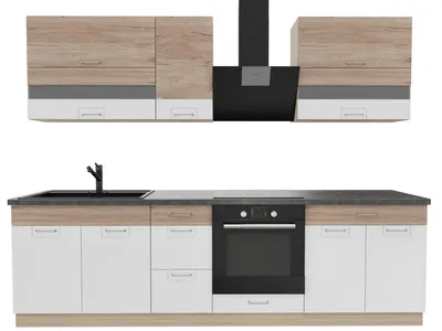 Obrázek produktu pro Kuchynská linka 270 cm – ECONO A – dub Sonoma – bílá lesklá – s tmave hnedou pracovní deskou – vestavená kuchyne se systémem Soft-Close – kovové zásuvky