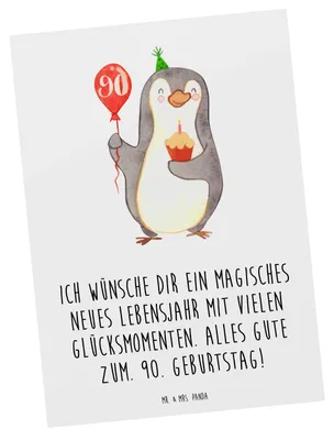 Produktbild von Mr. & Mrs. Panda Postkarte 90. Geburtstag Pinguin Luftballon - Weiß - Geschenk, Geburtstagsgeschenk, Grußkarte, Fotokarte, Motivkarte, Postkarten, bildkarte, Geburtstage