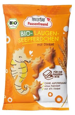 Image de FruchtBar bretzels biologiques en forme de hippocampe, snacks végétariens, 90 g, huile de palme, emballage souple