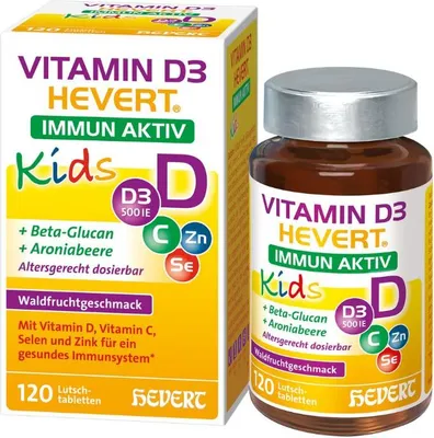 Produktbild von Vitamin D3 Hevert Immun Aktiv Kids – mit Vitamin D, C, Selen und Zink zur Unterstützung des Immunsystems, 120 St. Tabletten