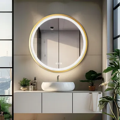 Productafbeelding van Badkamerspiegel LED - Wandspiegel - Rond - Verlichte Spiegel - Make-up Spiegel - Goud Aluminium Frame