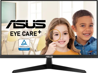 A computer monitor displaying a marketing image with two children and brand logos.