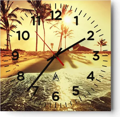 Produktbild von Wanduhr - Quadrat - Glasuhr - Strand Meer Palme - 40x40cm - Schleichendes Uhrwerk - Lautlos - zum Aufhängen bereit - Dekoration Modern - Wanddekoration aus Glas - C4AC40x40-3609