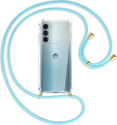 Produktbild von Handykette Backcover-Schutzhülle mit Band (Metall goldfarben) für Motorola Moto G200 5G - himmelblau