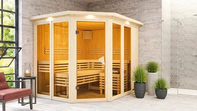 Produktbild von Elementsauna Karibu Mandos 3 ohne Ofen mit Dachkranz und bronzierter Ganzglastüre