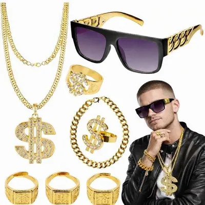 Obrázek produktu pro Ultiluxe Rapper Příslušenství - Kostýmová Sada - Hip Hop - Gangsta Set - 80. 90. léta - Vytvořeno pro párty - Velikost S - Zlatá/Černá