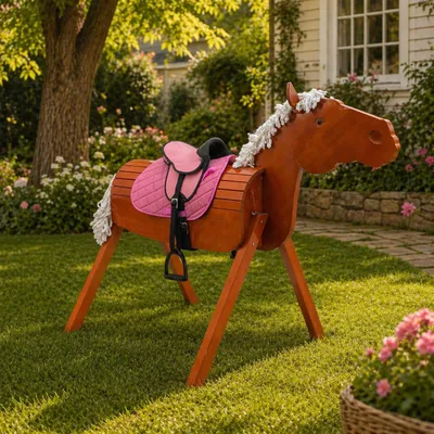 Produktbild von Outdoor Holzpferd Otto XL 150 cm braun mit rosa Sattel – Gartenpferd aus Holz bis 100 kg belastbar