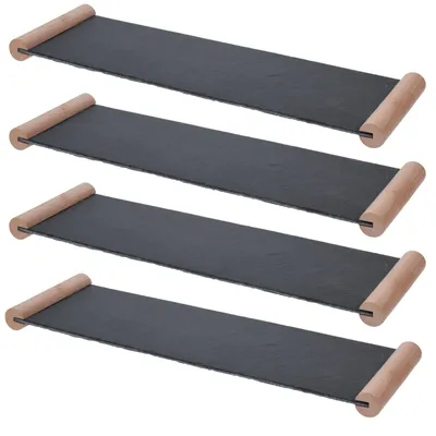 Produktbild von 4x Servierplatte Schiefer 50 x 15 cm mit Holzgriffen Schieferplatte Käseplatte Wurstplatte Servierteller
