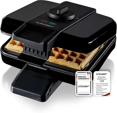 Produktbild von 1420 Brüsseler Waffeleisen für 2 Belgische Waffeln 9 x 15,5 cm, Duo-Waffeleisen mit Antihaftbeschichtung PFAS-frei, stufenlosem Bräunungsgrad und Backampel, schwarzes Kunststoffgehäuse, 1000 W