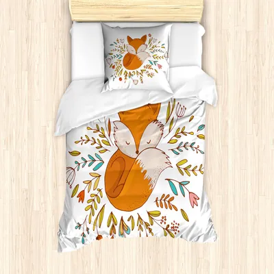 Obrázek produktu pro ABAKUHAUS Karikatura Sada povlečení, roztomilá liška spící v kruhu z květin, 135 x 200 cm + 80 x 80 cm, tmavě oranžová a bílá