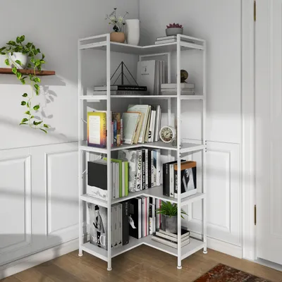 Obrázek produktu pro Pětivrstvá rohová knihovna, velká, pětpatrová, stojací, moderní, rohová knihovna s kovovou konstrukcí, otevřené police, vhodná do obývacího pokoje