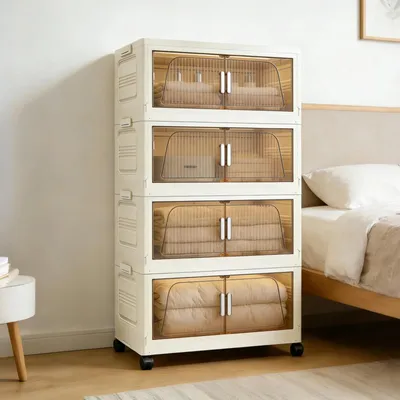 Image de Boîte de rangement empilable, pliante et à plusieurs niveaux, avec roulettes, idéale pour organiser et déplacer facilement. Boîte de rangement transparente en plastique