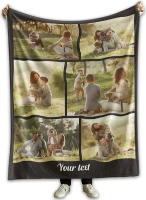A collage of family photos on a blanket.