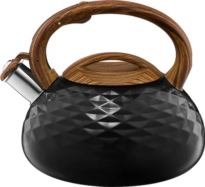 A black whistling kettle with a wood-grain handle and lid accent, isolated on a white background.