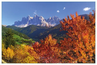 Produktbild von Wallario Küchenrückwand aus Glas, Größe: 90 x 60 cm, Motiv: Herbst im Gebirgstal unter blauem Himmel | Spritzschutz | abwischbar | pflegeleicht | in