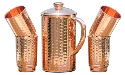 Kupferkrug-Set mit 4 Bechern, 1,5 L, gehämmert, 99,74% Kupfer