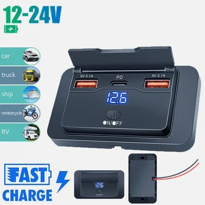 Zdjęcie produktu dla Gniazdo ładowania USB do samochodu - panel z 3 portami - 12V/24V - szybkie ładowanie QC3.0 i PD (Typ-C) - wodoodporne, z włącznikiem/wyłącznikiem - do samochodów, kamperów, łodzi