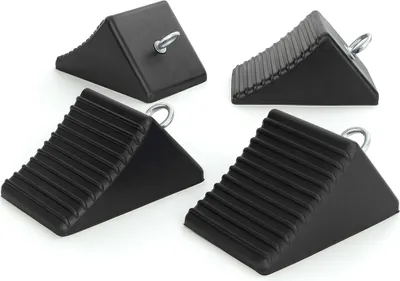 Zdjęcie produktu dla Wiltec zestaw 4 klinów pod koła 205 x 125 x 100 mm wykonanych z gumy, klin hamulcowy ze śrubą oczkową, gumowy klin do przyczep, kamperów, samochodów i łodzi