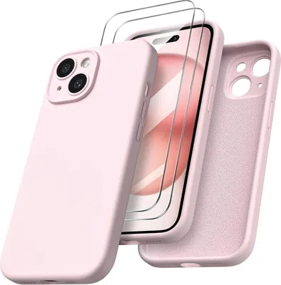 A pink iPhone case and screen protectors are displayed against a white background.