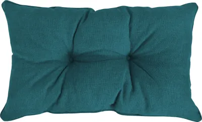 A teal colored tufted cushion is shown from a top-down perspective against a white background.