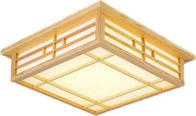 A square ceiling light with a wooden frame and a translucent diffuser.