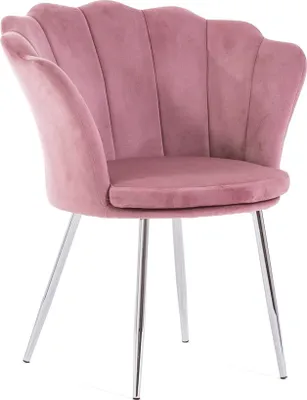 A pink velvet chair with silver legs against a white background.