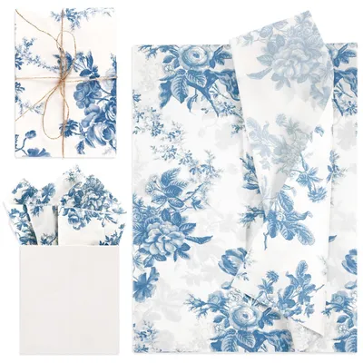 Produktbild von Seidenpapier 30 Stück 35 x 50 cm Pfingstrosen Blau Geschenkpapier für Geschenktüten Hochzeit Geburtstag