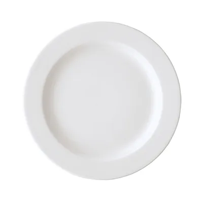 A top-down view of a white plate on a white background.