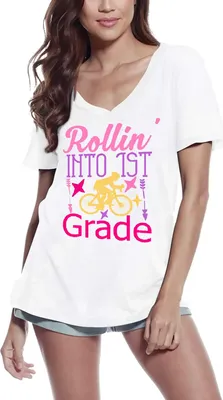 Produktbild von Damen Grafik T-Shirt V-Ausschnitt Aufbruch in die 1 Klasse – Rollin' Into 1st Grade – Öko-Verantwortlich Vintage Jahrgang Kurzarm Lustige Druck