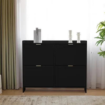 Produktbild von MODFU Schuhschrank Schuhkommode mit 4 Klappenfächern, Schuhwechselbank mitoffenen Ablageflächen, Schuhregal für Flur, Wohn- und Schlafzimmer, 110x90x24 cm, Schwarz