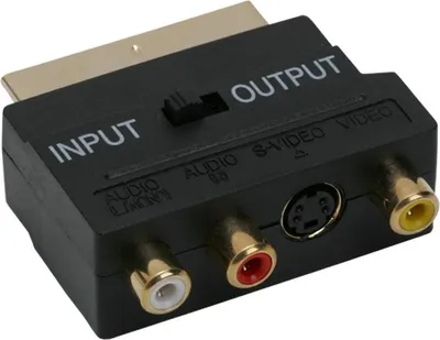 Produktbild von SCART auf RCA Adapter mit S-Video - 3x RCA + S-Video Buchse auf Euro-SCART Stecker - vergoldet mit In/Out Schalter - 1 Stück [05178].