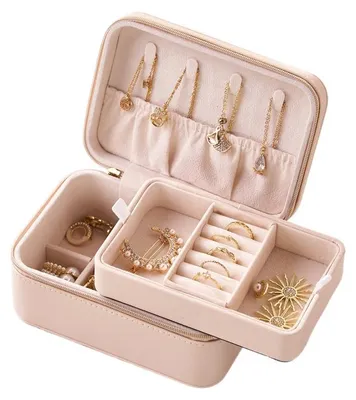 Produktbild von Doppelte Schmuckbox für Reisen – tragbare Aufbewahrungsbox für Ringe, Halsketten, Ohrstecker und Ohrringe，Abricot