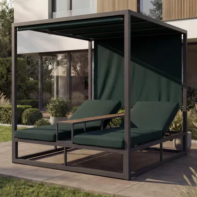 Produktbild von Alu Lounge-Gartenliege HWC-P81, Sonnenliege Daybed, 10cm-Polster 220g/m² 196x165x196cm  dunkelgrau, Polster dunkelgrün