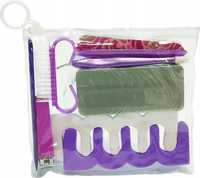 Image de Ensemble d'accessoires pour manucure: séparateur, lime, pince, râpe, violet.