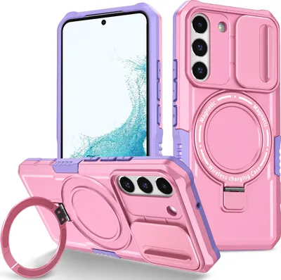 Produktbild von Handyhülle für Samsung Galaxy S22 5G Kompatibel mit MagSafe, Robuste Hülle mit Schiebe Kamera Schutz, Magnetischer Ringständer Pink