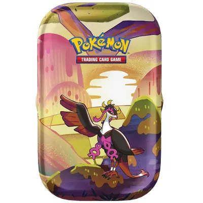 A Pokémon trading card game mini tin box featuring artwork of a Pokémon character and a landscape.