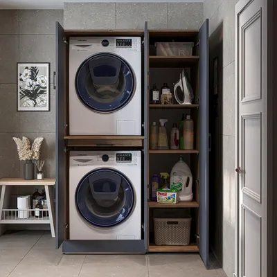Produktbild von Roomart Waschmaschinenschrank " DORA SET" für Trockner & Waschmaschine, 115 cm breit, in 4 Farben, mit Türen & Ausziehbrett - Weiß - Weiß Eiche - Anthrazit Eiche - Eiche