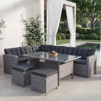 Produktbild von Poly-Rattan-Garnitur HWC-A29, Gartengarnitur Sitzgruppe Lounge-Esstisch-Set Sofa grau, Kissen grau + 2x Hocker
