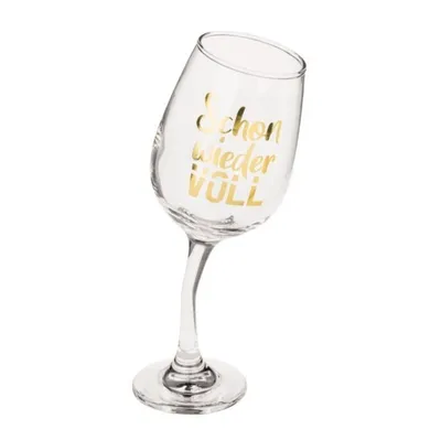 A clear shot of a wine glass with text on it, set against a white background.