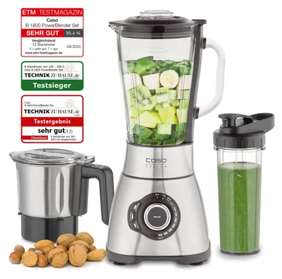 Productafbeelding van Caso standmixer B 1800 met accessoires (1.800 watt, glazen mengbeker van 1,75 liter, deksel met geïntegreerde maatbeker, hakmolen van 750 ml, mengbeker "Mix & Go" van 700 ml, stamper, 6-voudig mes met gouden titaniumcoating, tot 28.000 omwentelingen per minuut, programma's: Smo