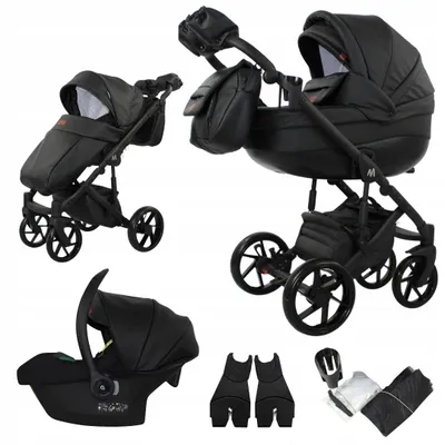 Produktbild von Mommo 3-in-1 Kombikinderwagen Schwarz Kunstleder mit Babyschale